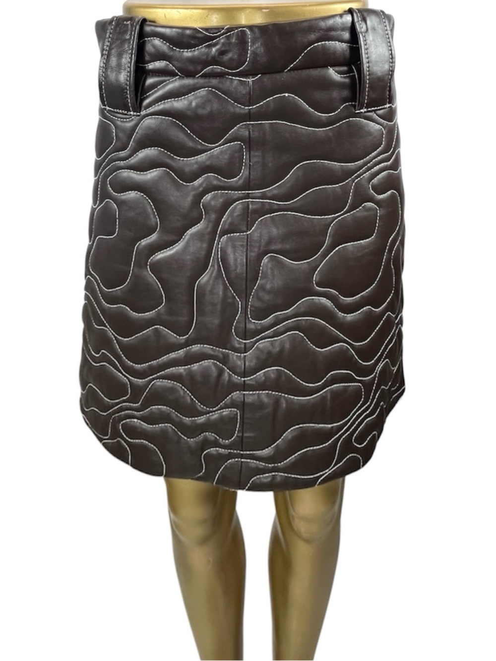 GANNI Brown Quilted Lamb Leather Mini Skirt white Contrast Stitching Sz 36 US 4
